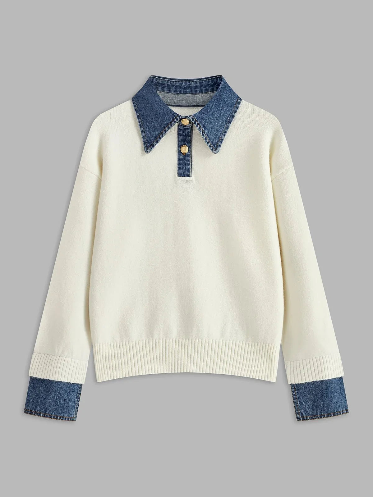 Women's Polo Sweater | Denim Collar Knit Snap Button