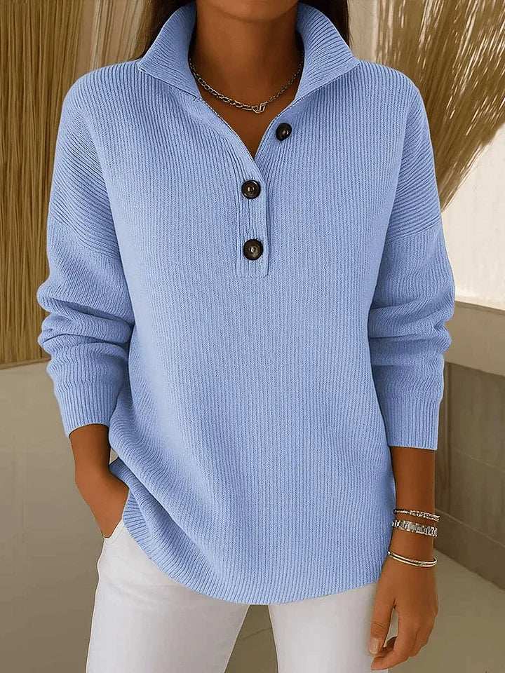 Polo Sweater - Ribbed Knit Button Front Women's Sweater