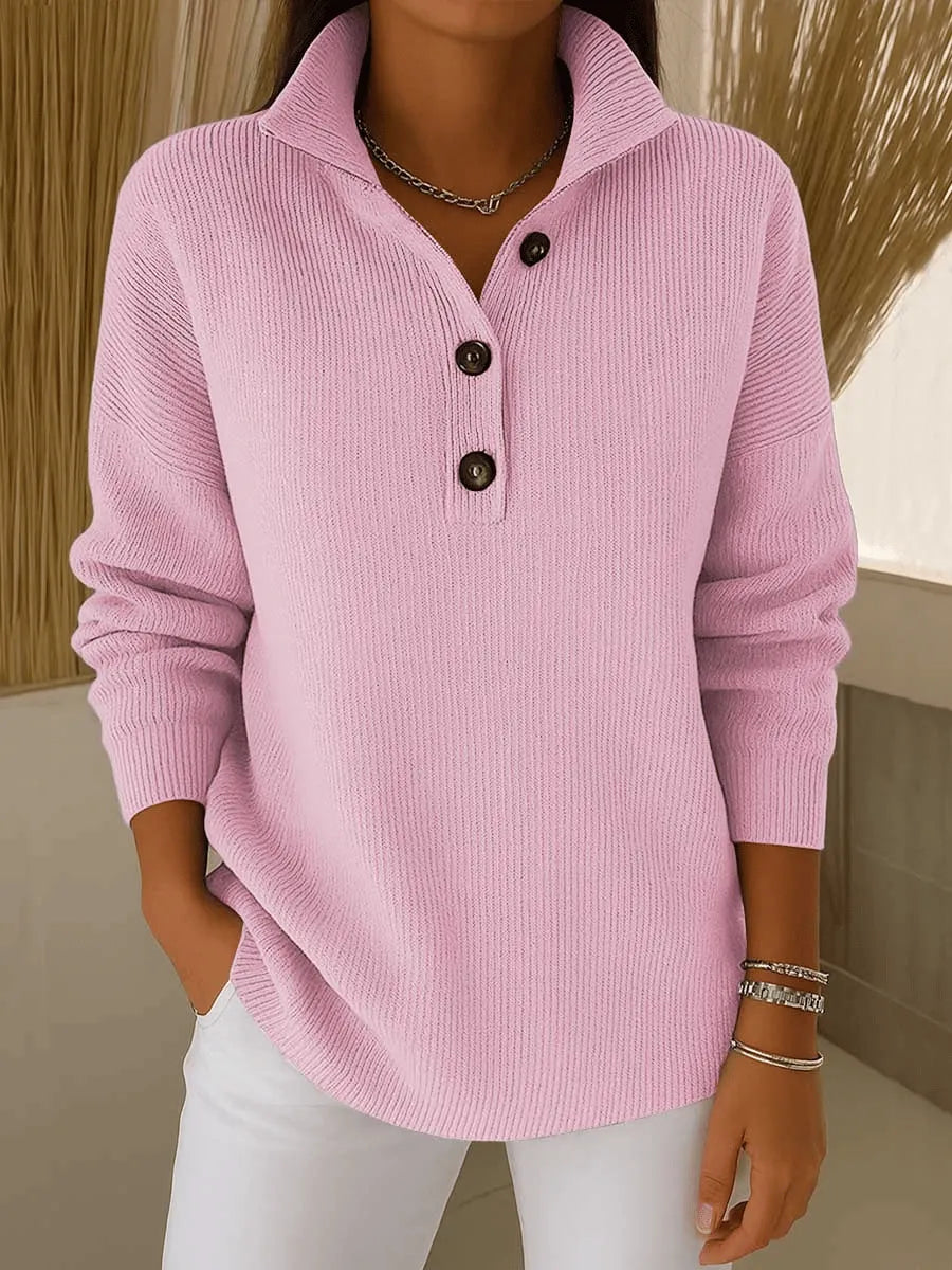 Polo Sweater - Ribbed Knit Button Front Women's Sweater