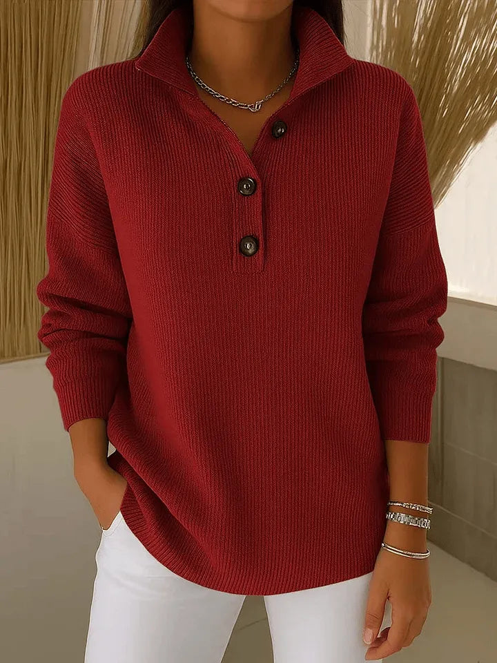 Polo Sweater - Ribbed Knit Button Front Women's Sweater