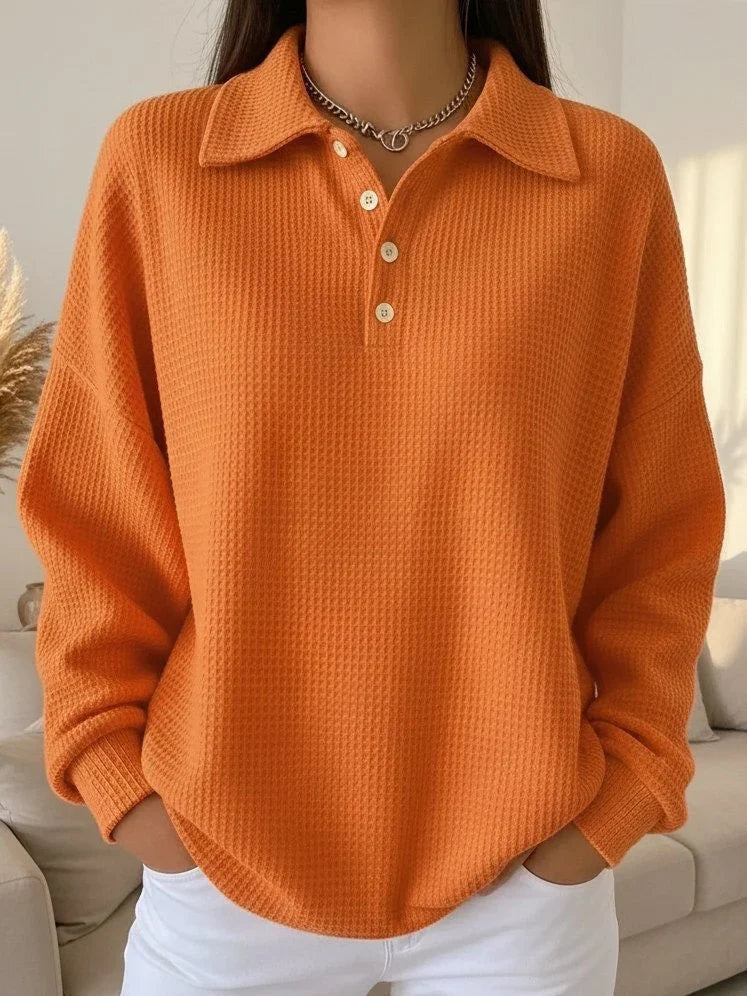Women's Polo Sweater | Waffle Knit Long Sleeve Button Front