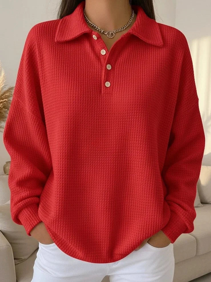 Women's Polo Sweater | Waffle Knit Long Sleeve Button Front