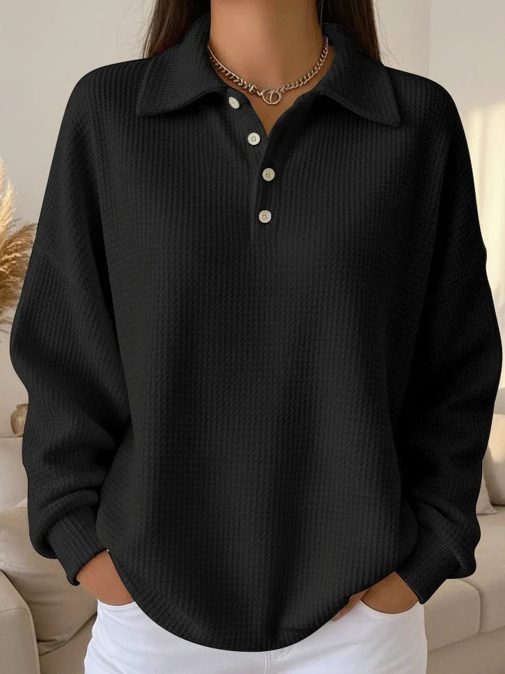 Women's Polo Sweater | Waffle Knit Long Sleeve Button Front