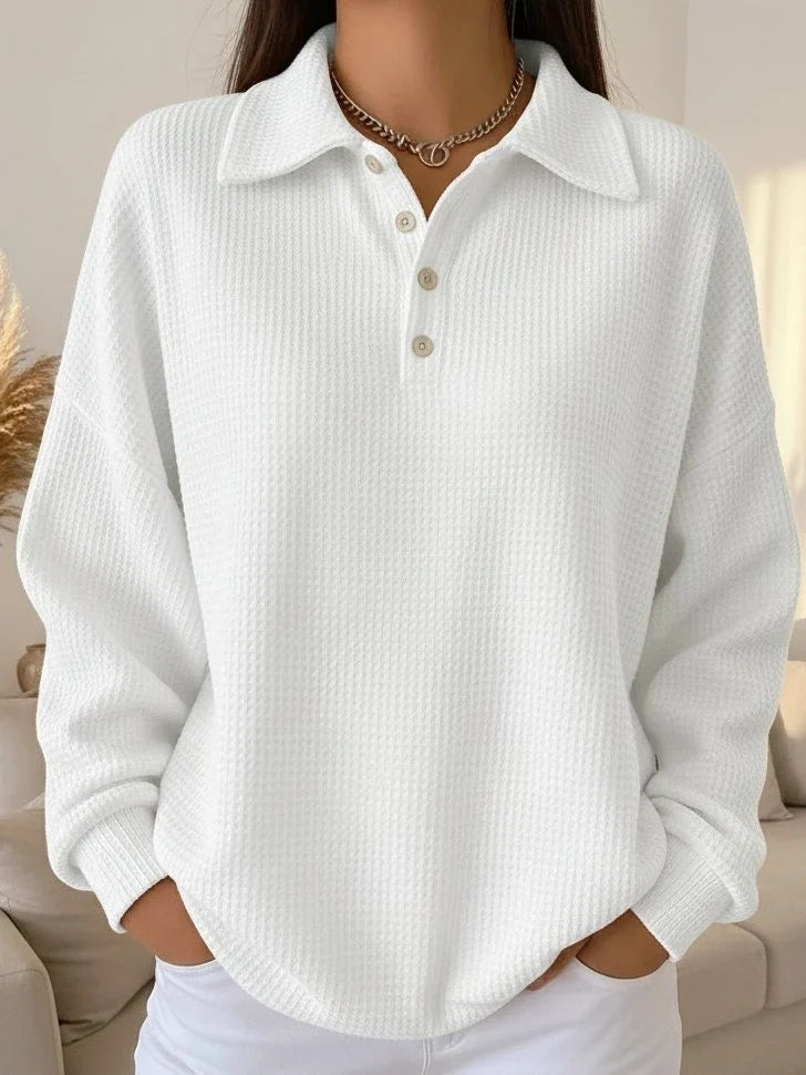 Women's Polo Sweater | Waffle Knit Long Sleeve Button Front