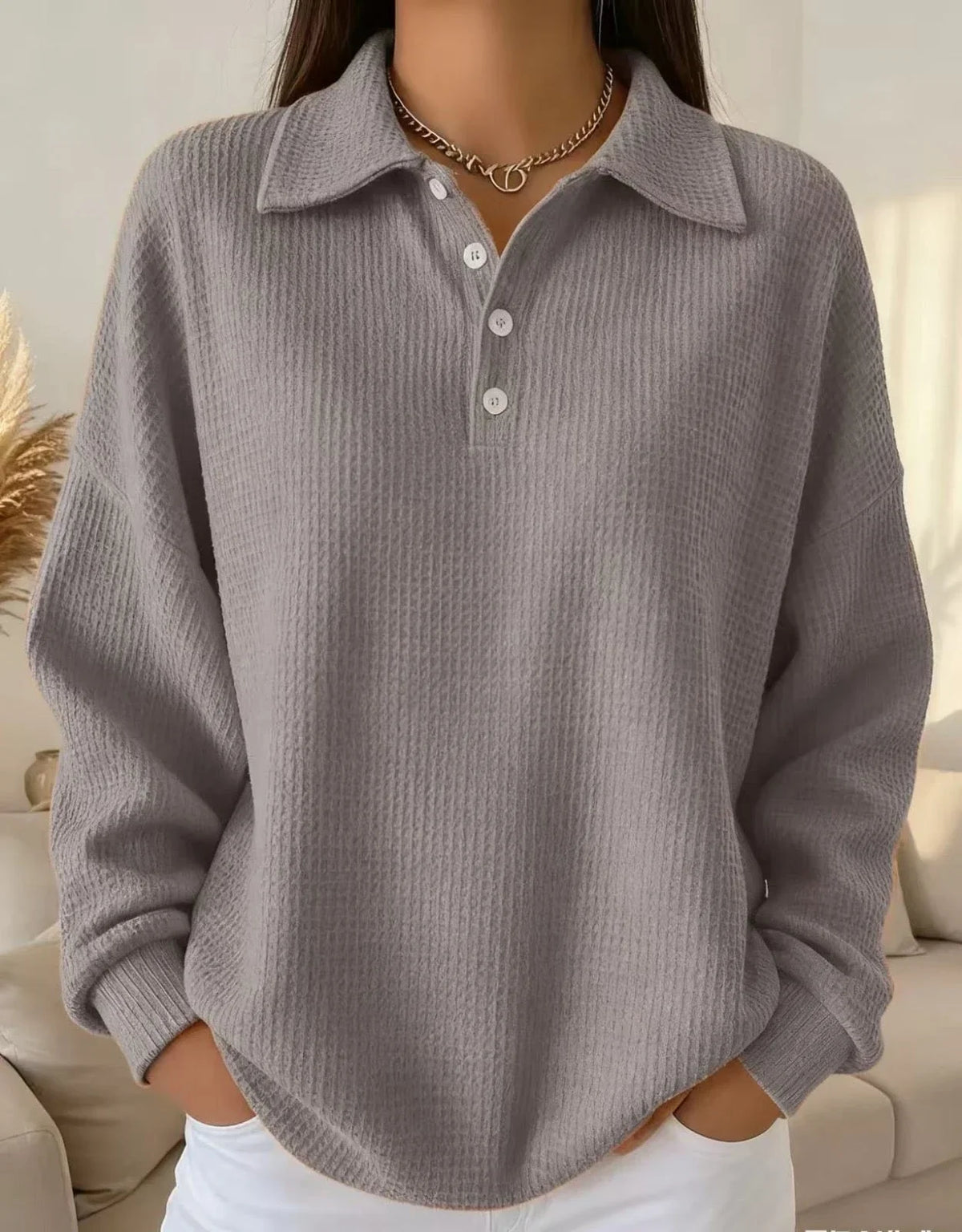 Women's Polo Sweater | Waffle Knit Long Sleeve Button Front