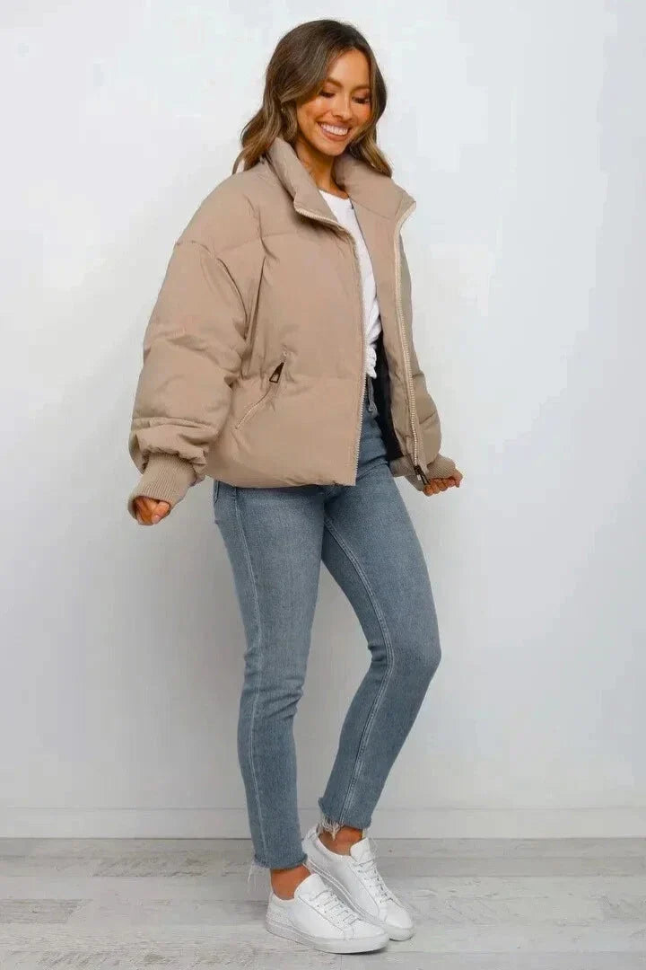 Women's Puffer Jacket | Cropped Oversized Ribbed Cuff