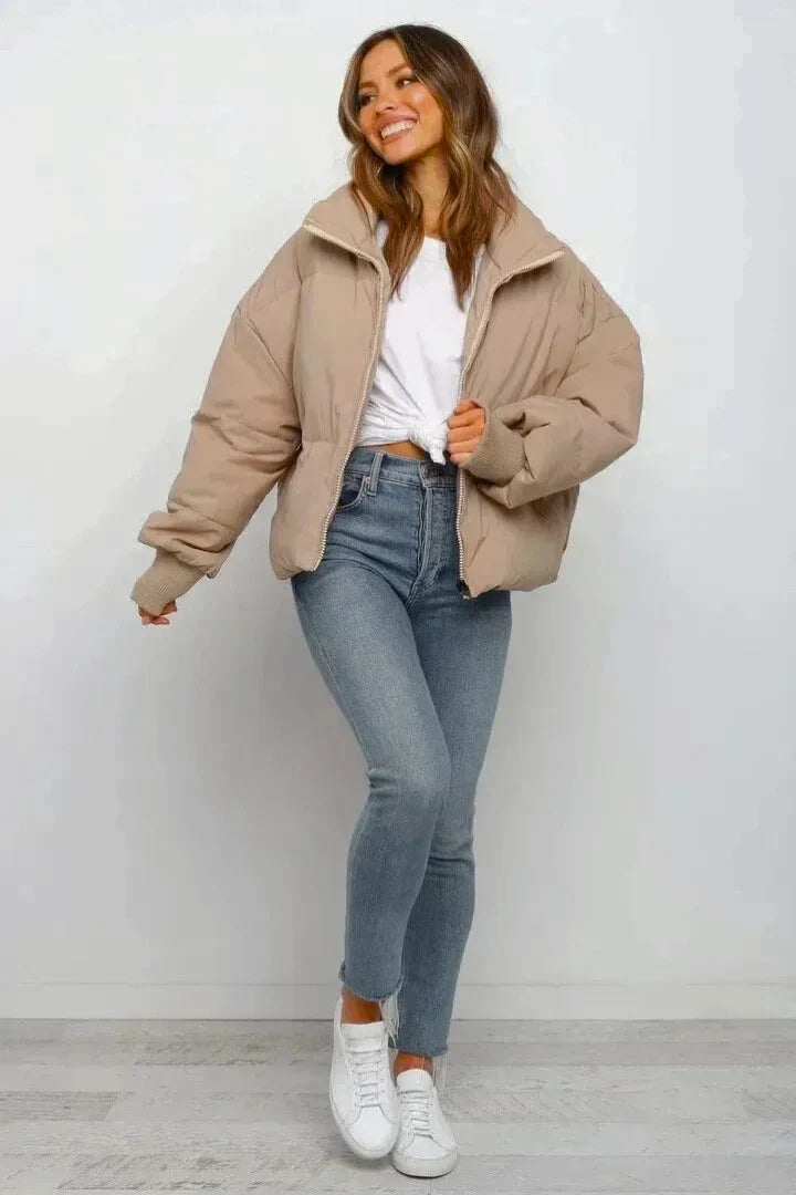 Women's Puffer Jacket | Cropped Oversized Ribbed Cuff