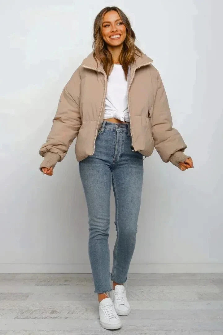 Women's Puffer Jacket | Cropped Oversized Ribbed Cuff