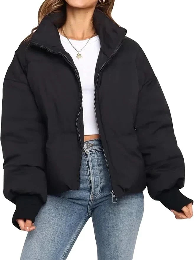 Women's Puffer Jacket | Cropped Oversized Ribbed Cuff