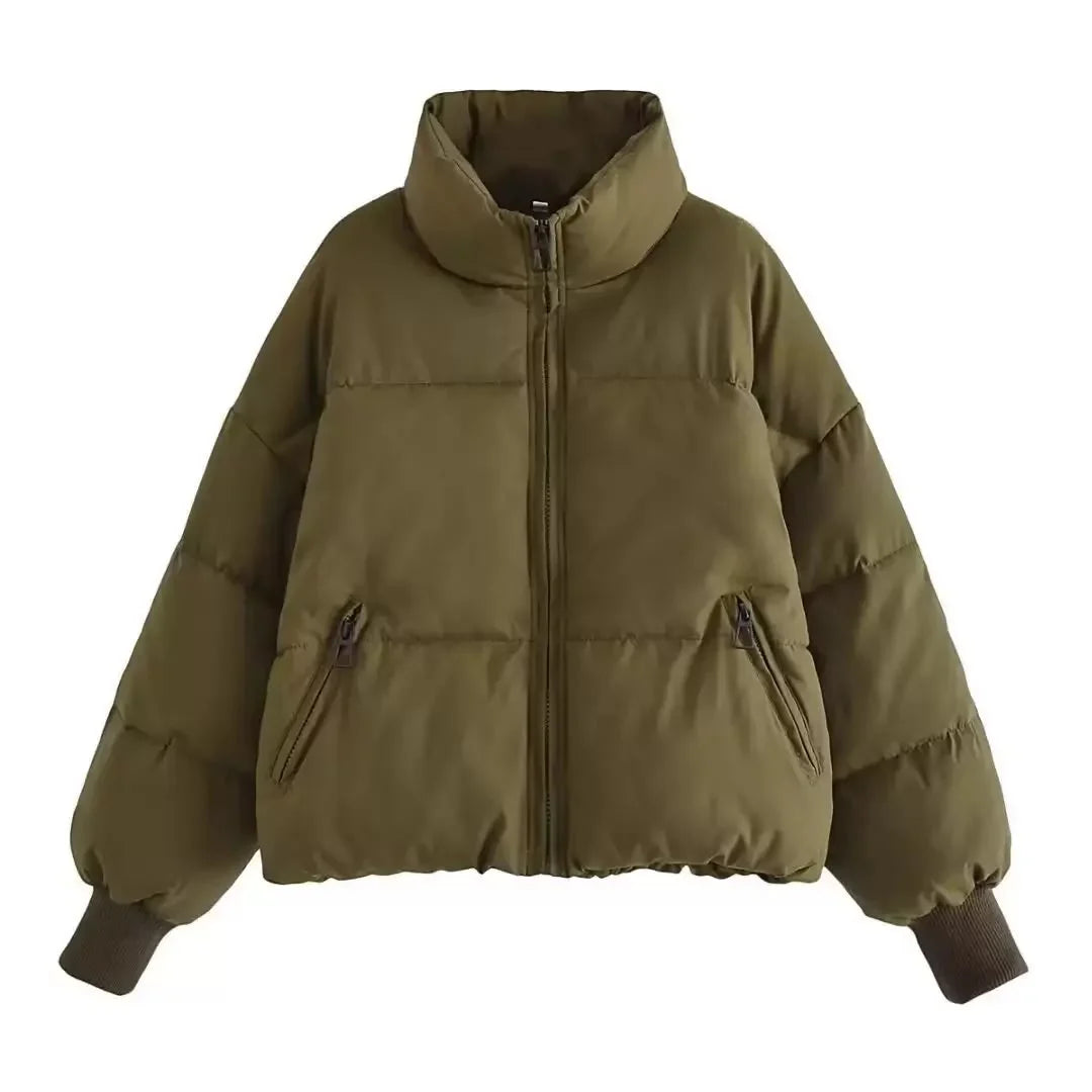 Women's Puffer Jacket | Cropped Oversized Ribbed Cuff