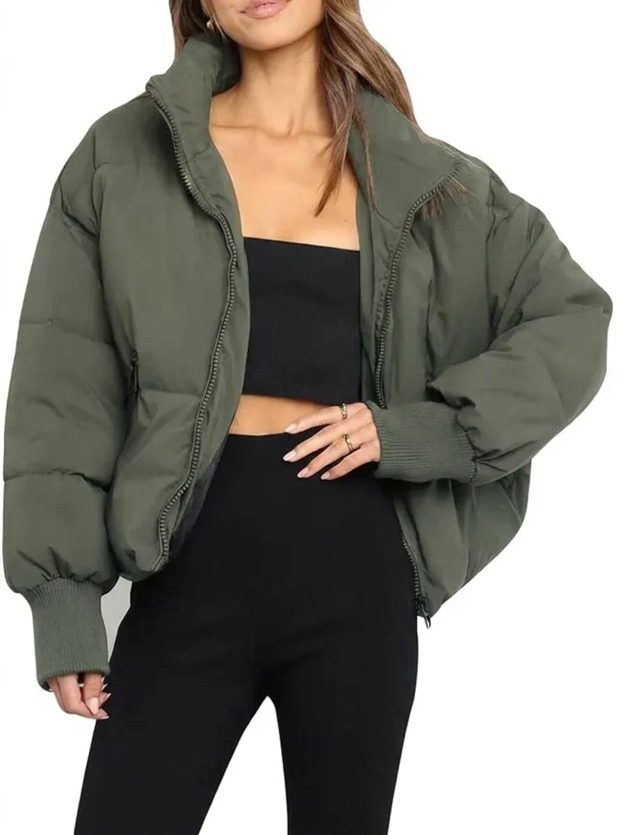 Women's Puffer Jacket | Cropped Oversized Ribbed Cuff