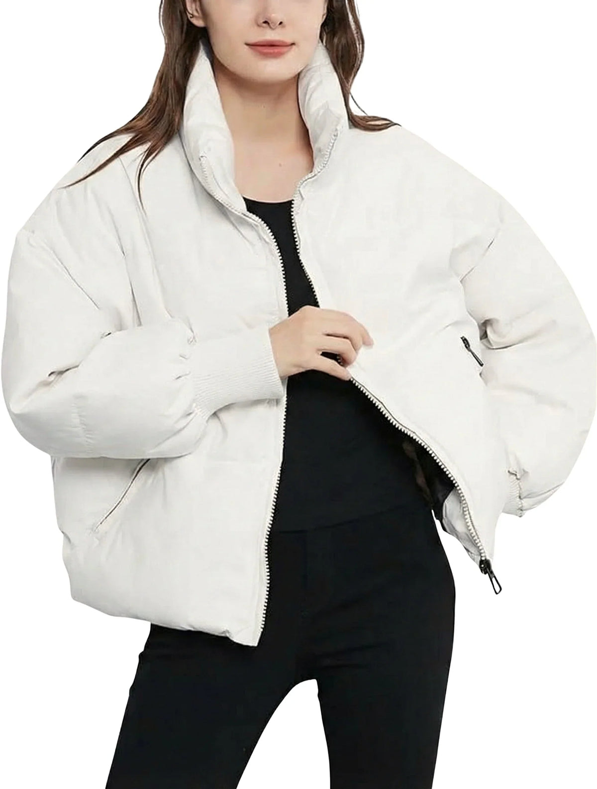 Women's Puffer Jacket | Cropped Oversized Ribbed Cuff