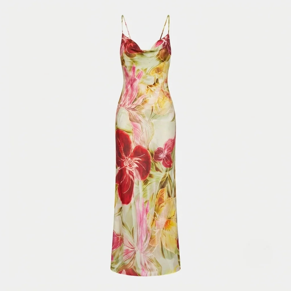Women's Red Dress | Maxi Floral Cowl Neck Spaghetti Strap
