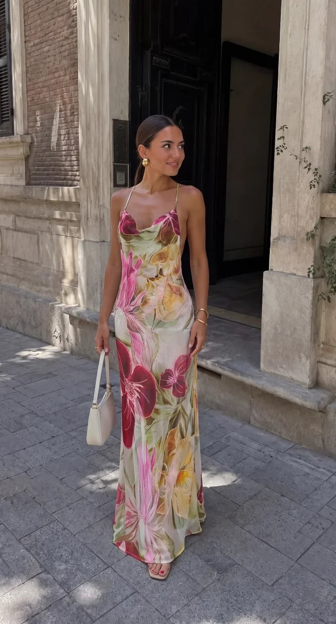 Women's Red Dress | Maxi Floral Cowl Neck Spaghetti Strap