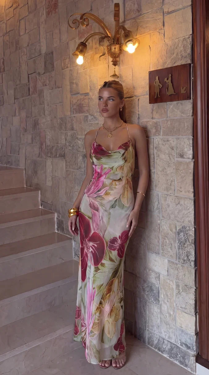 Women's Red Dress | Maxi Floral Cowl Neck Spaghetti Strap