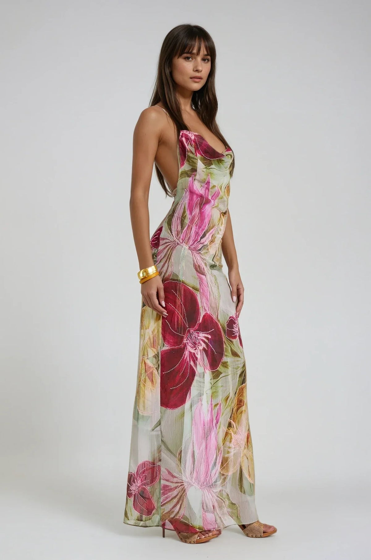 Women's Red Dress | Maxi Floral Cowl Neck Spaghetti Strap
