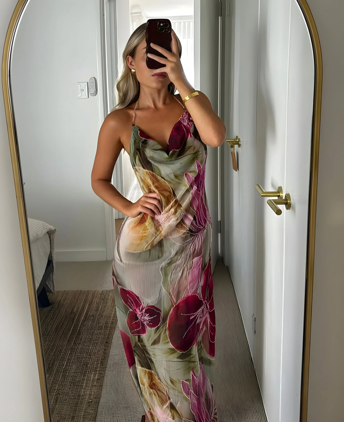 Women's Red Dress | Maxi Floral Cowl Neck Spaghetti Strap