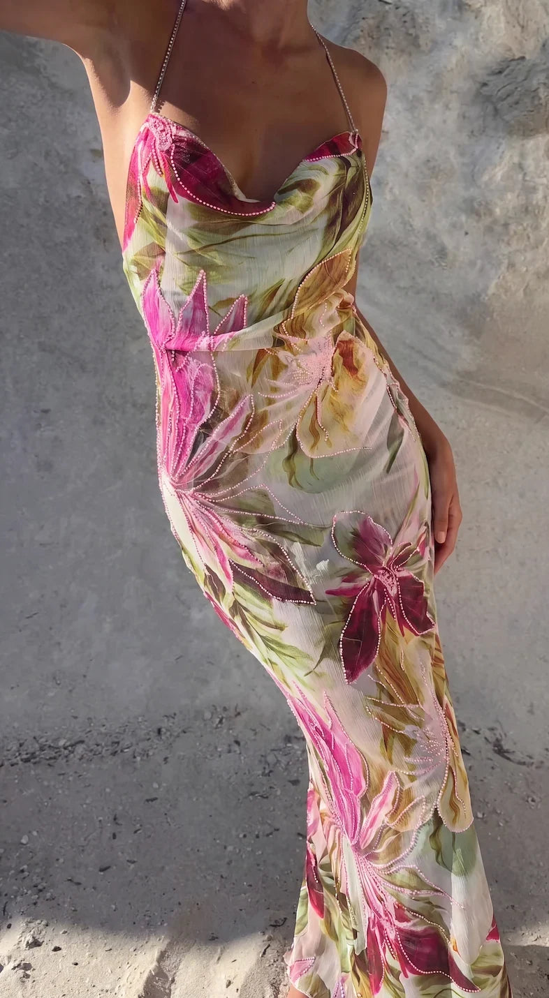 Women's Red Dress | Maxi Floral Cowl Neck Spaghetti Strap