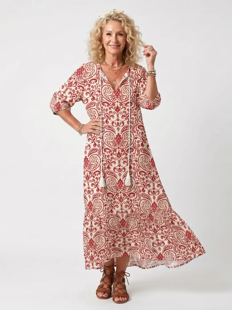 Red Maxi Dress - V Neck Tassel Tie Print Women's Dress