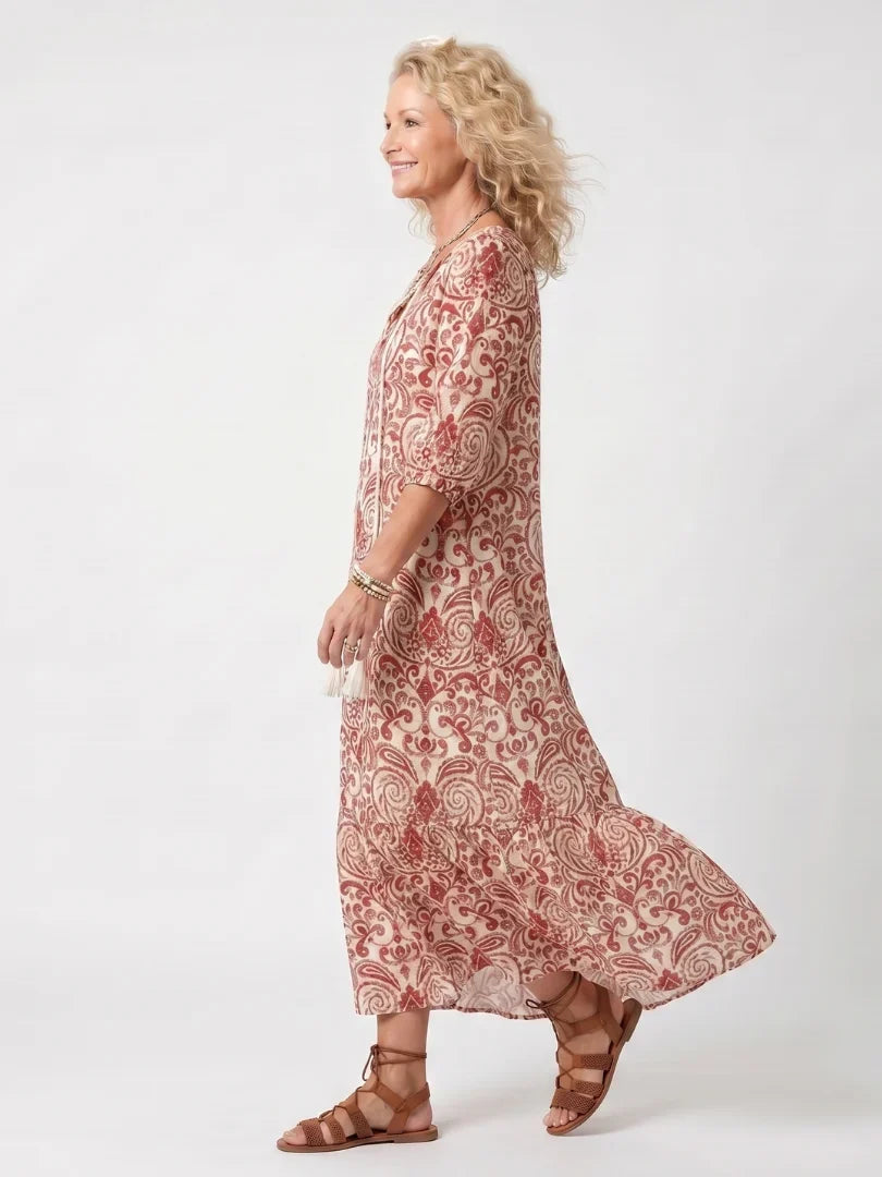 Red Maxi Dress - V Neck Tassel Tie Print Women's Dress
