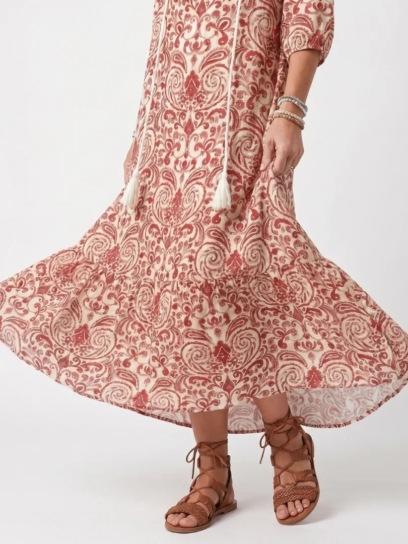 Red Maxi Dress - V Neck Tassel Tie Print Women's Dress