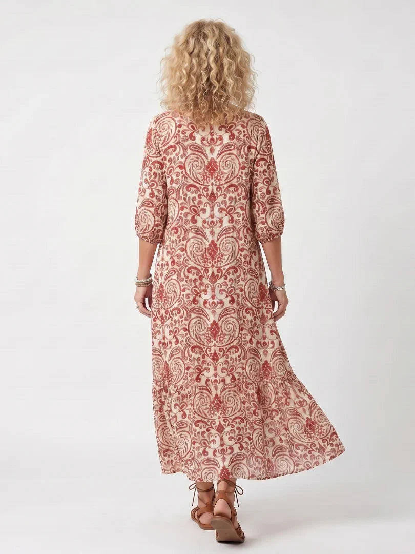 Red Maxi Dress - V Neck Tassel Tie Print Women's Dress