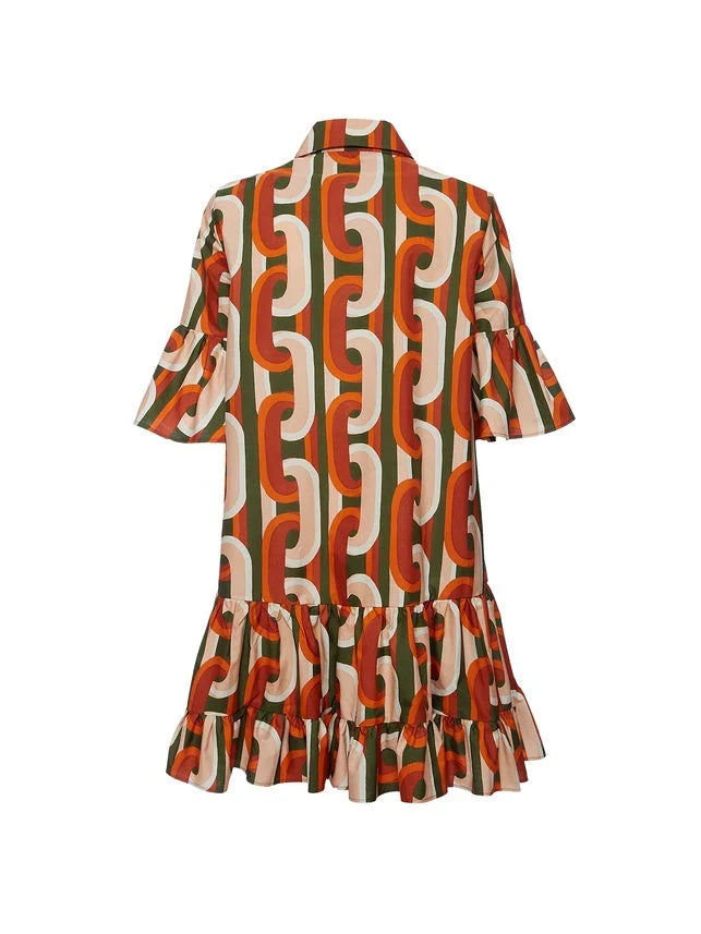 Women's Red Mini Shirt Dress | Ruffle Hem Belted Flare Sleeve