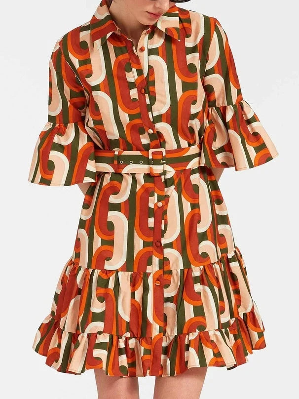 Women's Red Mini Shirt Dress | Ruffle Hem Belted Flare Sleeve