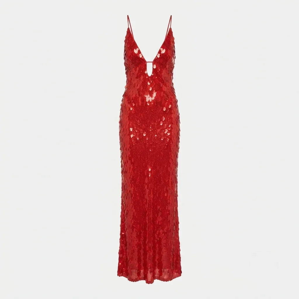 Women's Red Sequin Dress | Maxi Plunging V-Neck Cutout Spaghetti Strap
