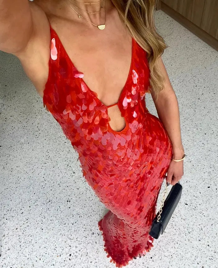 Women's Red Sequin Dress | Maxi Plunging V-Neck Cutout Spaghetti Strap