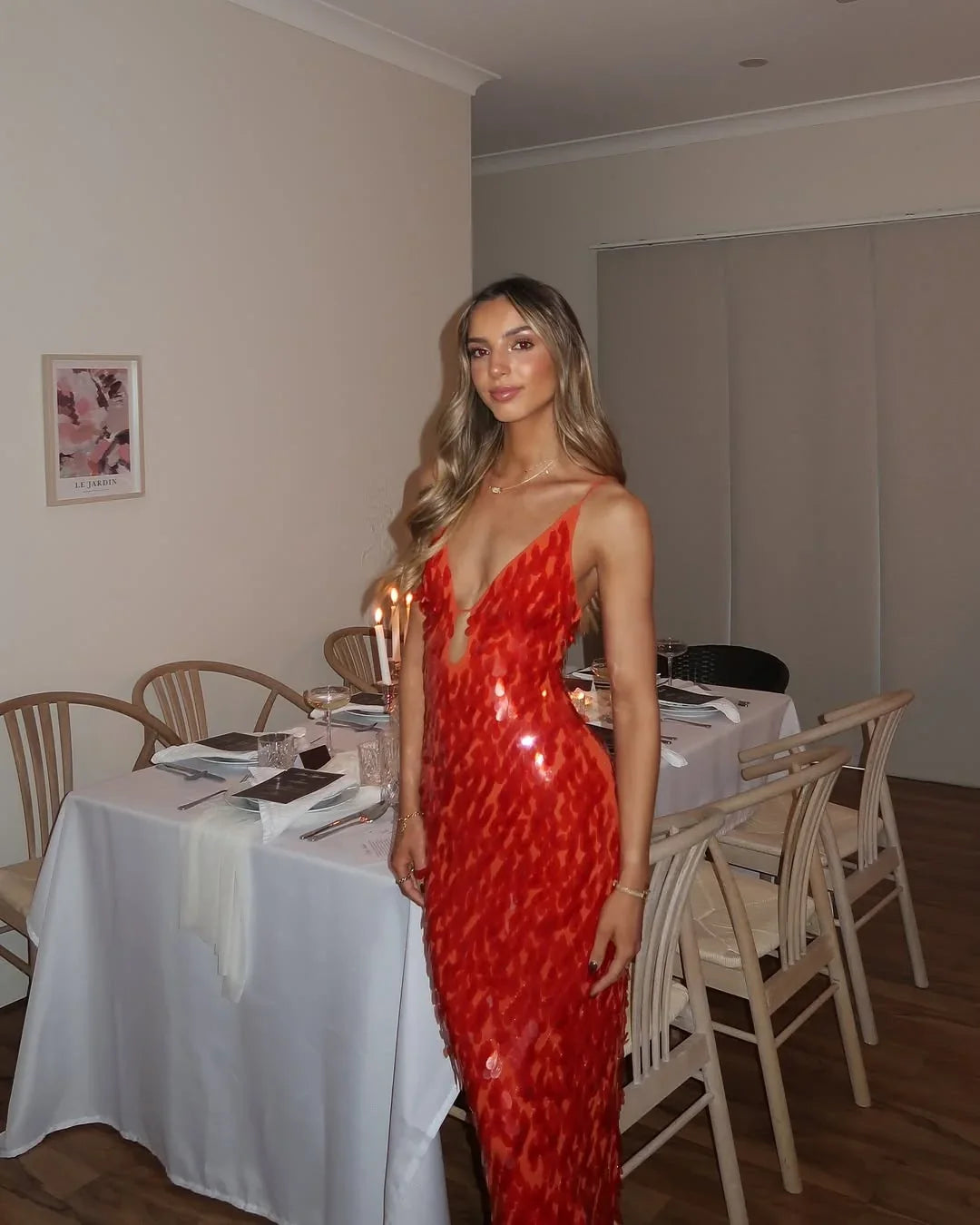 Women's Red Sequin Dress | Maxi Plunging V-Neck Cutout Spaghetti Strap