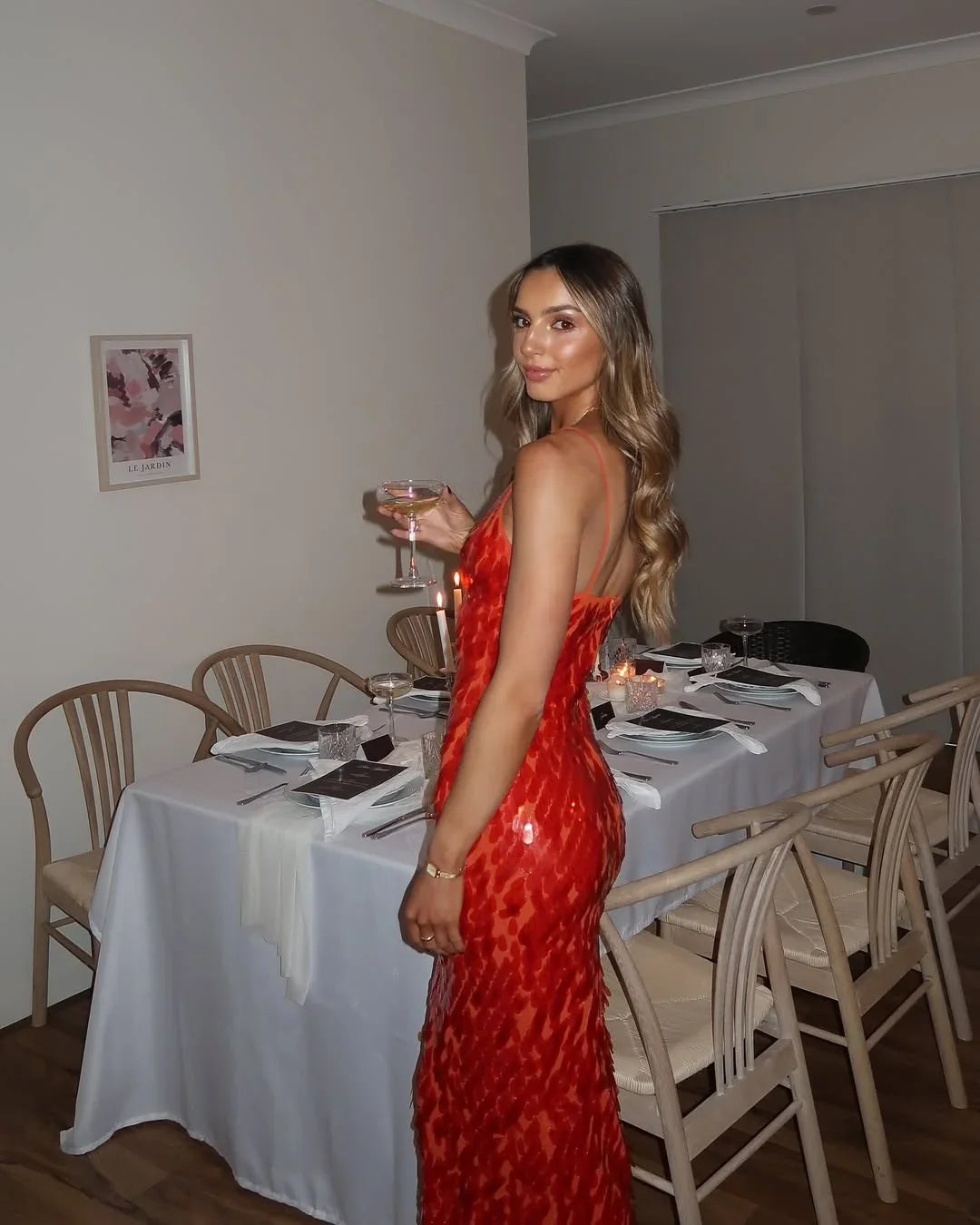 Women's Red Sequin Dress | Maxi Plunging V-Neck Cutout Spaghetti Strap