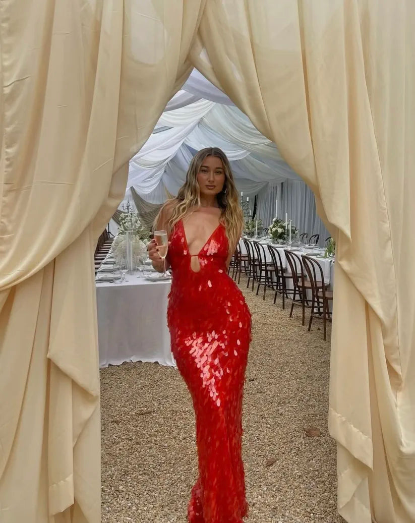 Women's Red Sequin Dress | Maxi Plunging V-Neck Cutout Spaghetti Strap