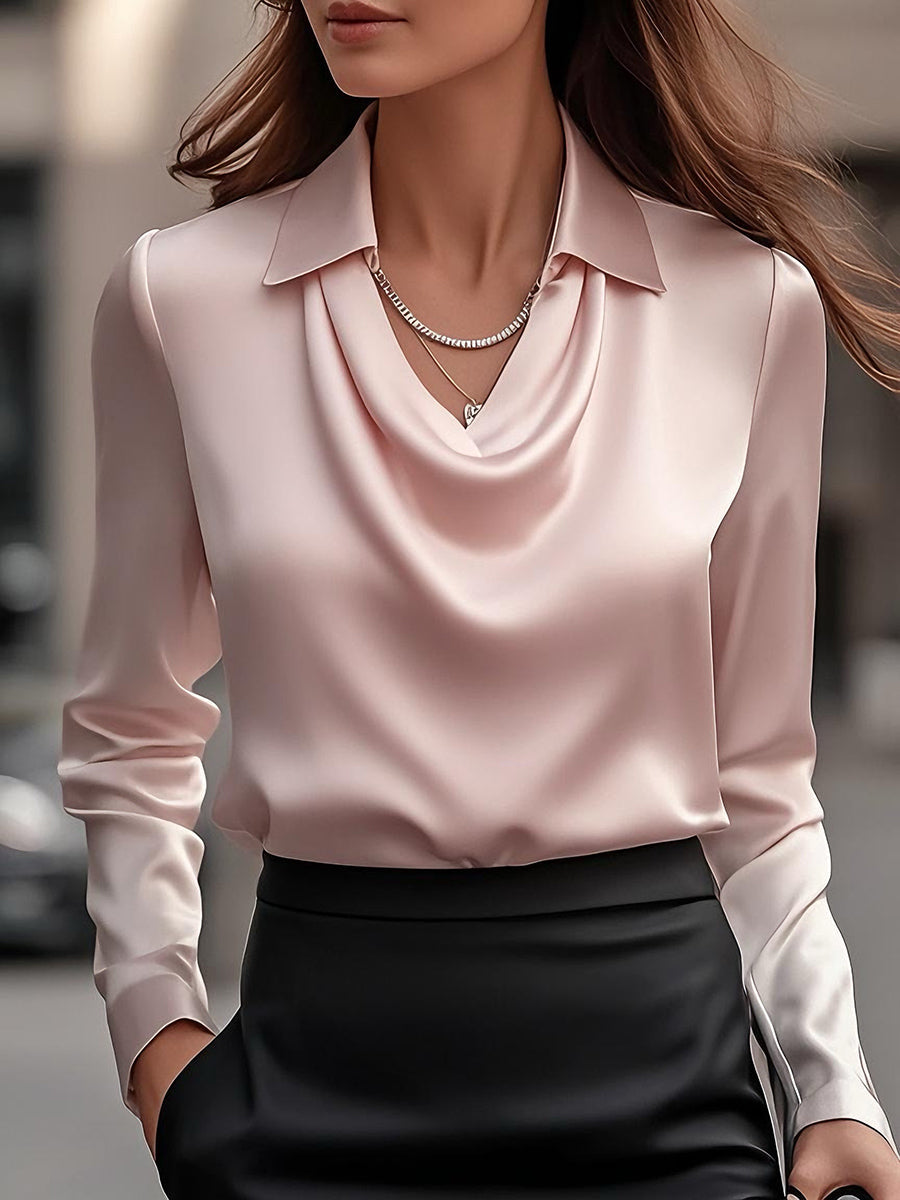 Women's Satin Blouse with Draped Cowl Neckline | Pointed Collar, Long Sleeves, Loose Cut | Sizes S to 2XL, 11 Colors