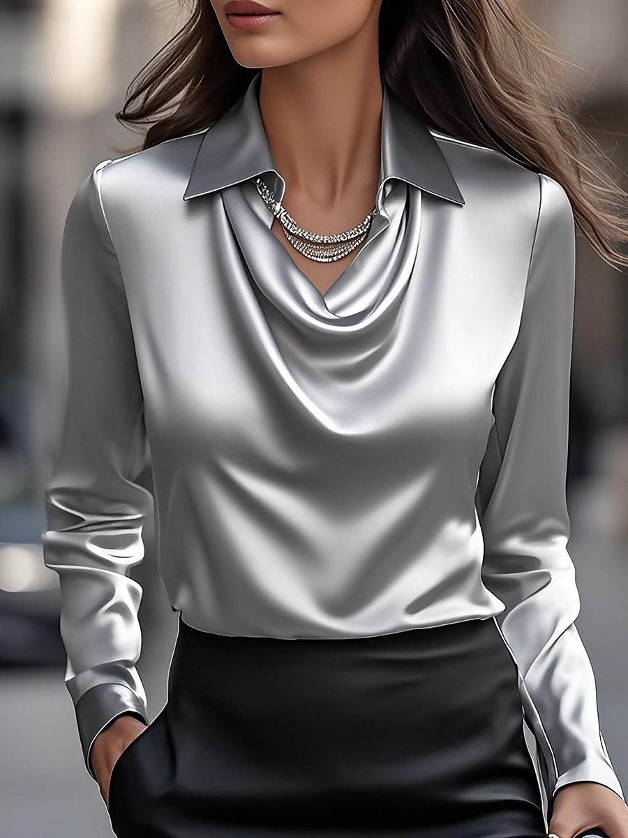 Women's Satin Blouse with Draped Cowl Neckline | Pointed Collar, Long Sleeves, Loose Cut | Sizes S to 2XL, 11 Colors