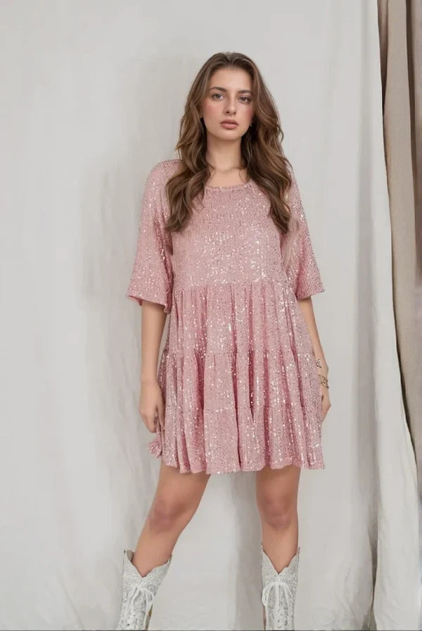 Women's Sequin Dress | Mini Tiered Short Sleeve