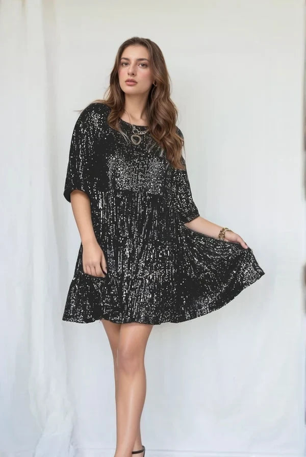 Women's Sequin Dress | Mini Tiered Short Sleeve