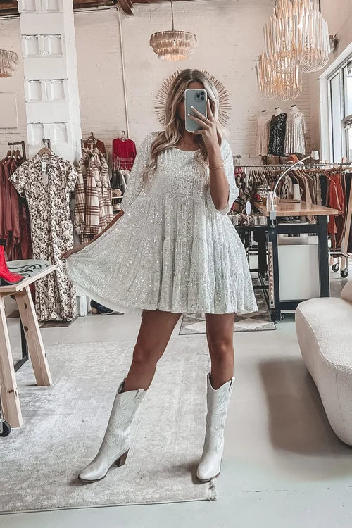 Women's Sequin Dress | Mini Tiered Short Sleeve
