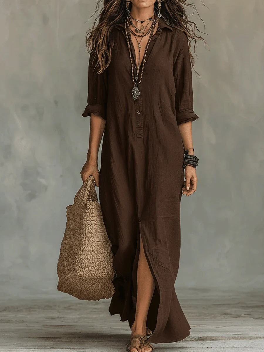 Bohemian Shirt Dress - Maxi Button Front Long Sleeve Women's