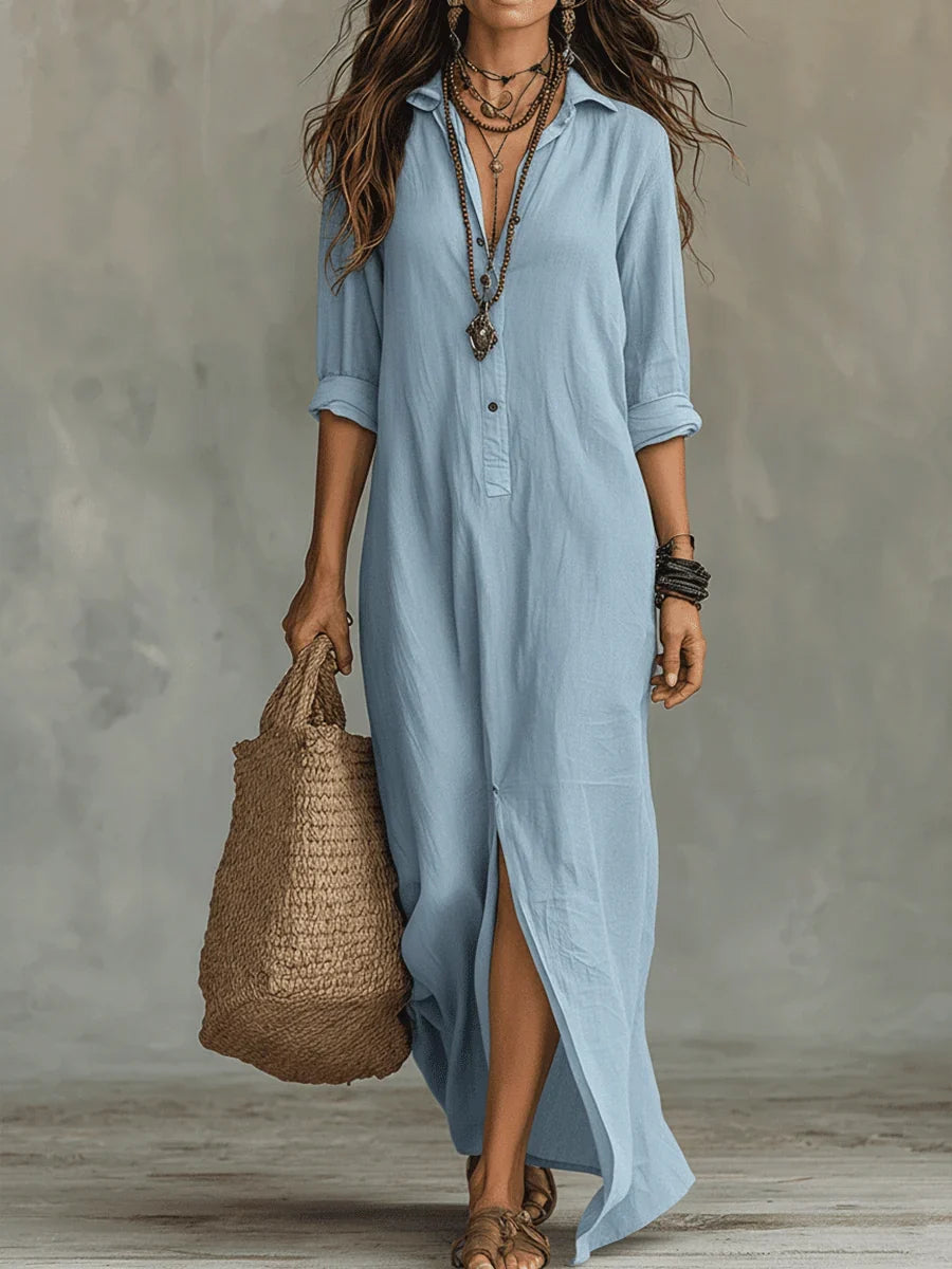 Bohemian Shirt Dress - Maxi Button Front Long Sleeve Women's