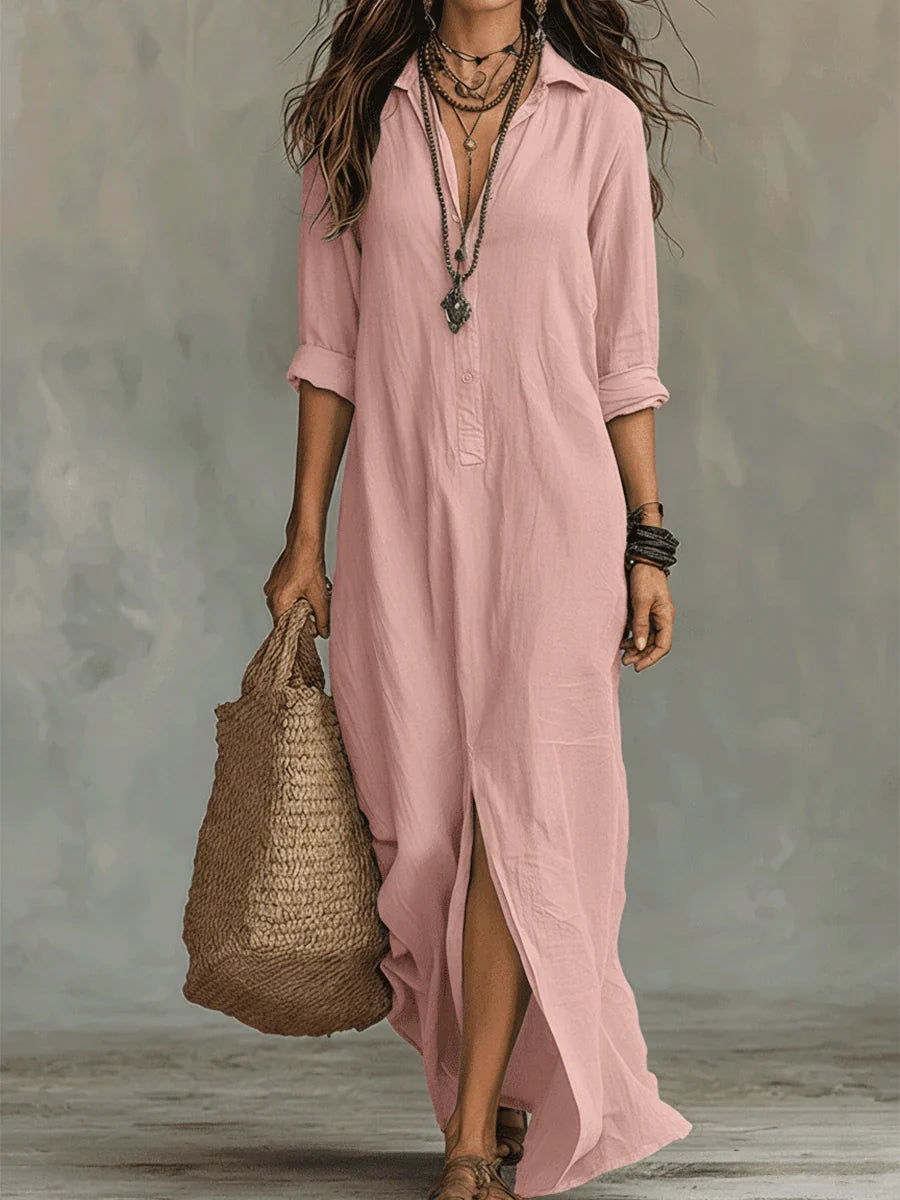 Bohemian Shirt Dress - Maxi Button Front Long Sleeve Women's