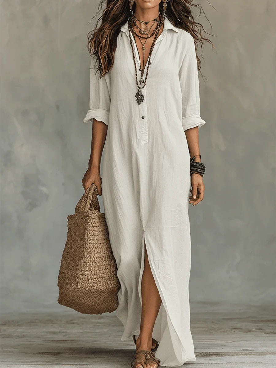 Bohemian Shirt Dress - Maxi Button Front Long Sleeve Women's
