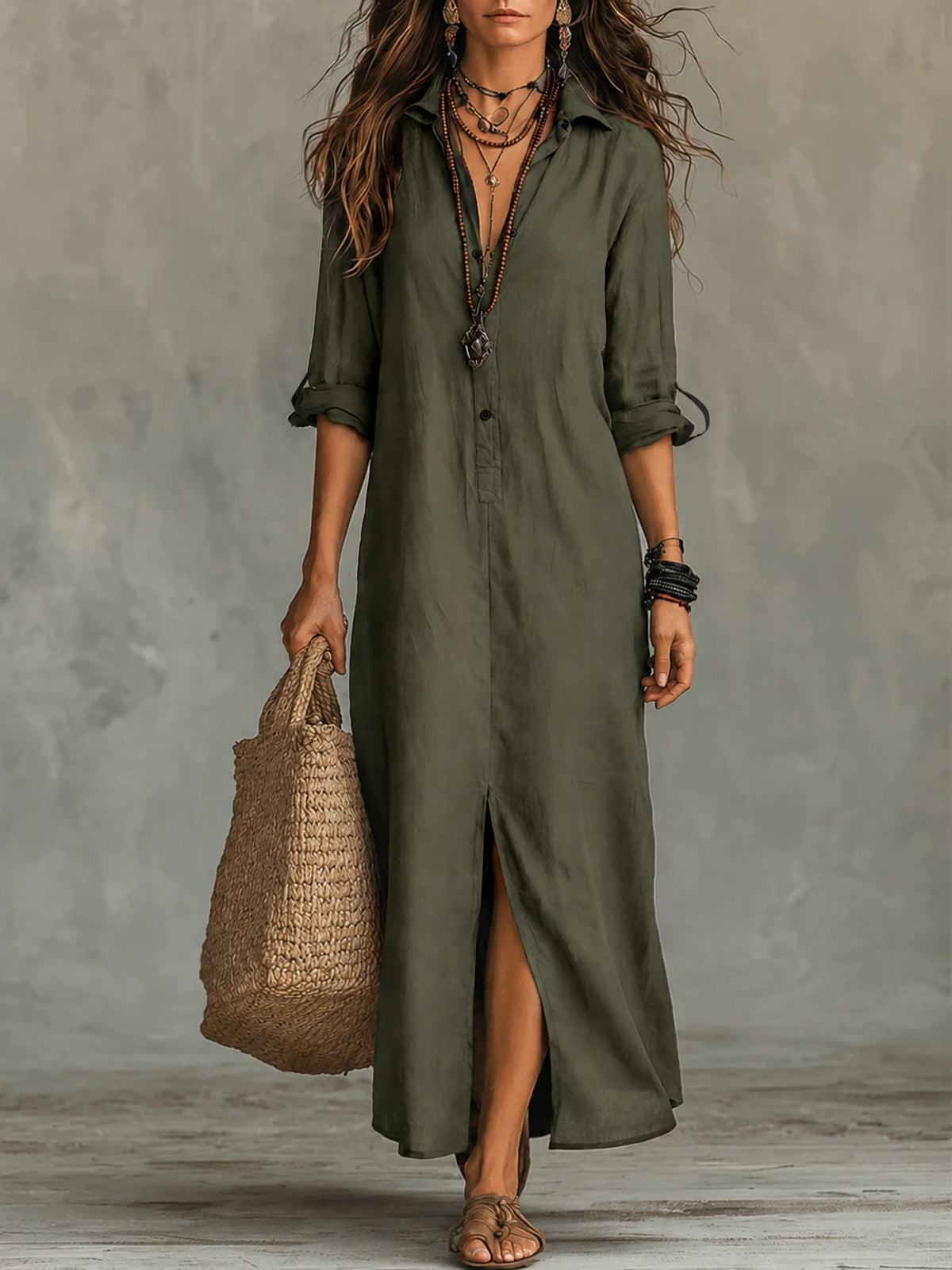 Bohemian Shirt Dress - Maxi Button Front Long Sleeve Women's