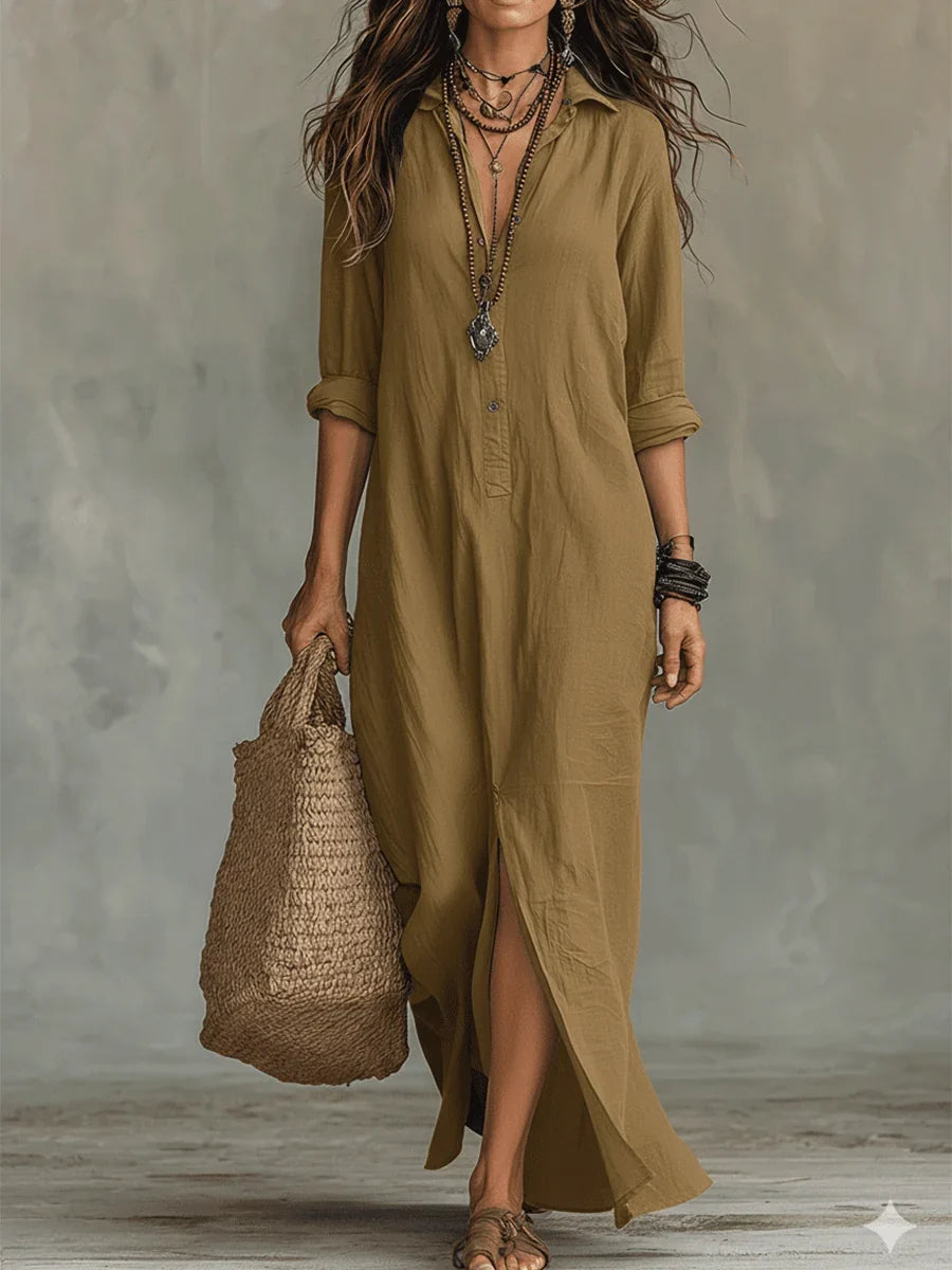 Bohemian Shirt Dress - Maxi Button Front Long Sleeve Women's