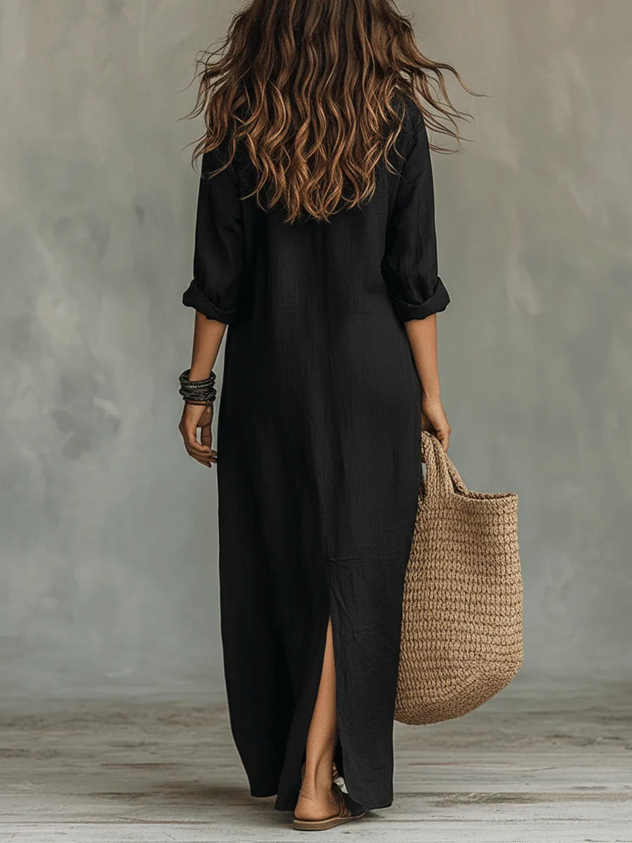 Bohemian Shirt Dress - Maxi Button Front Long Sleeve Women's
