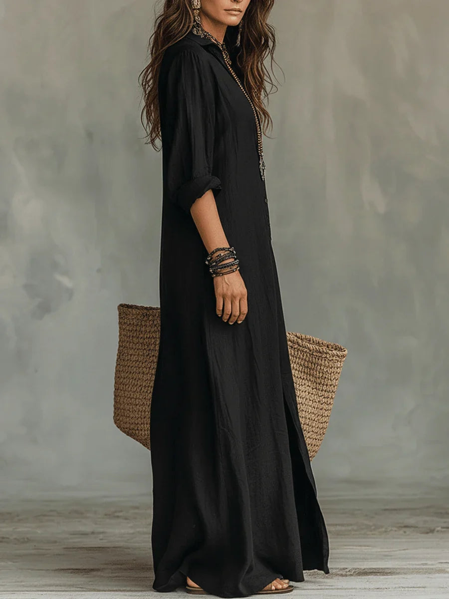 Bohemian Shirt Dress - Maxi Button Front Long Sleeve Women's