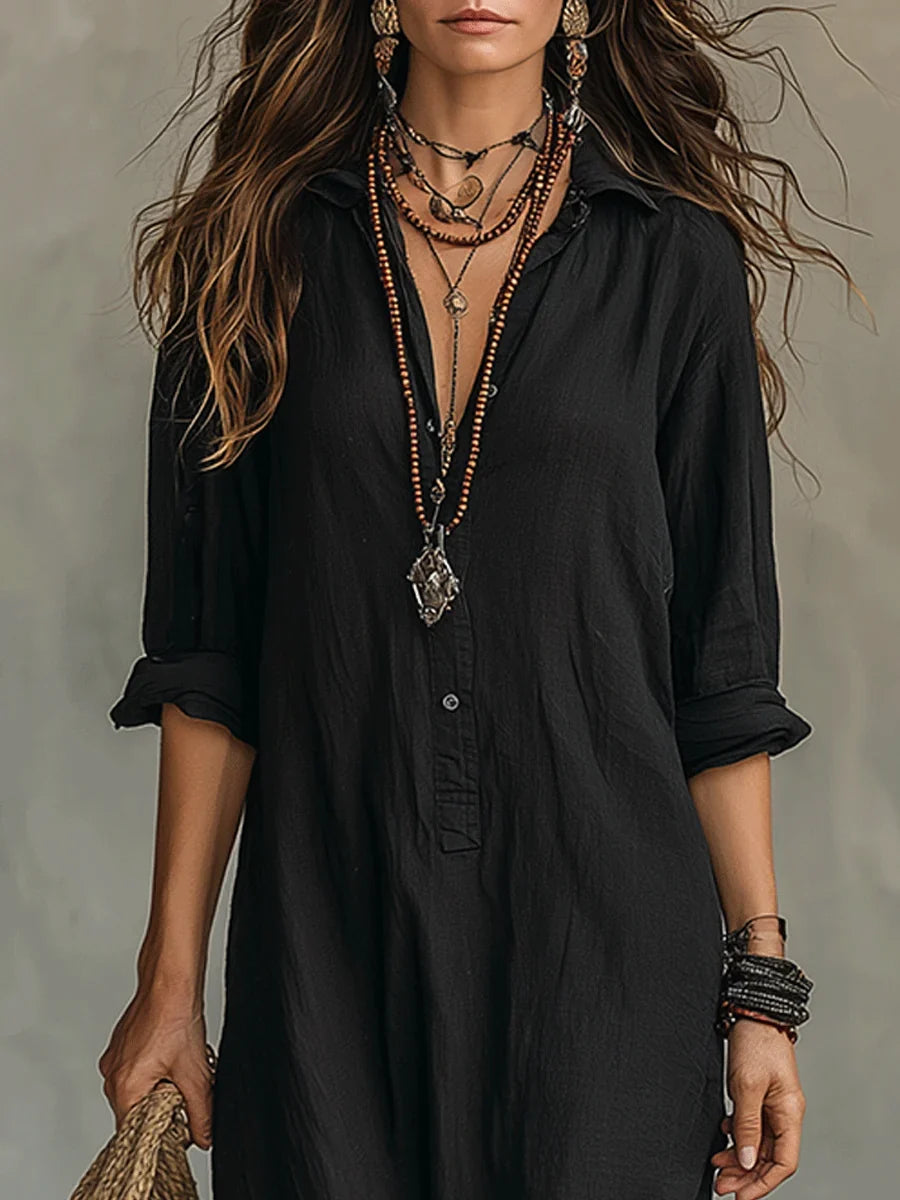 Bohemian Shirt Dress - Maxi Button Front Long Sleeve Women's