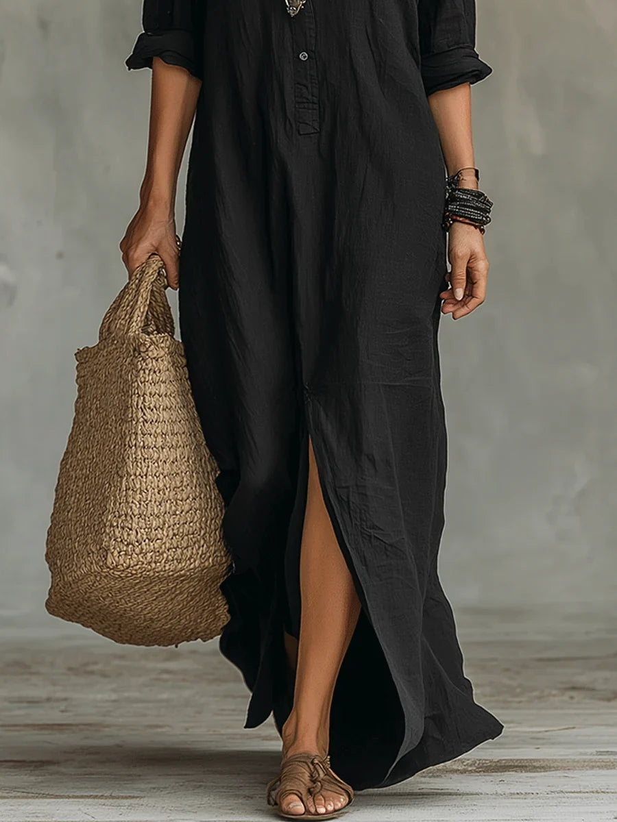 Bohemian Shirt Dress - Maxi Button Front Long Sleeve Women's