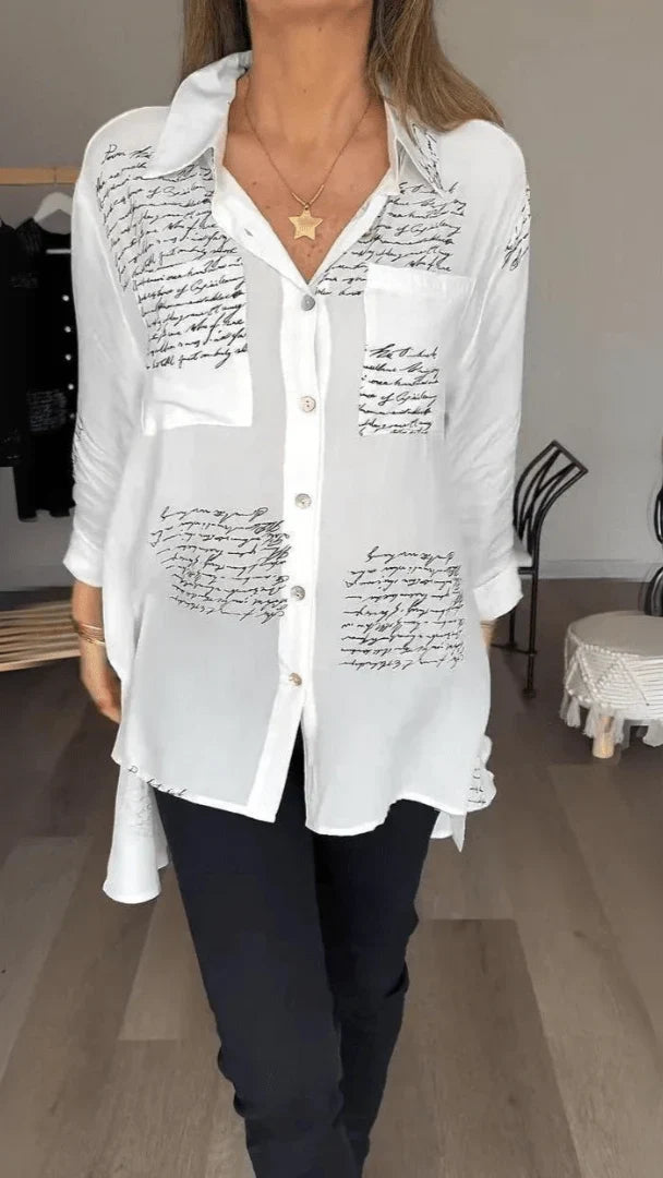 Script Print Shirt - Button Front Long Sleeve Women's Shirt