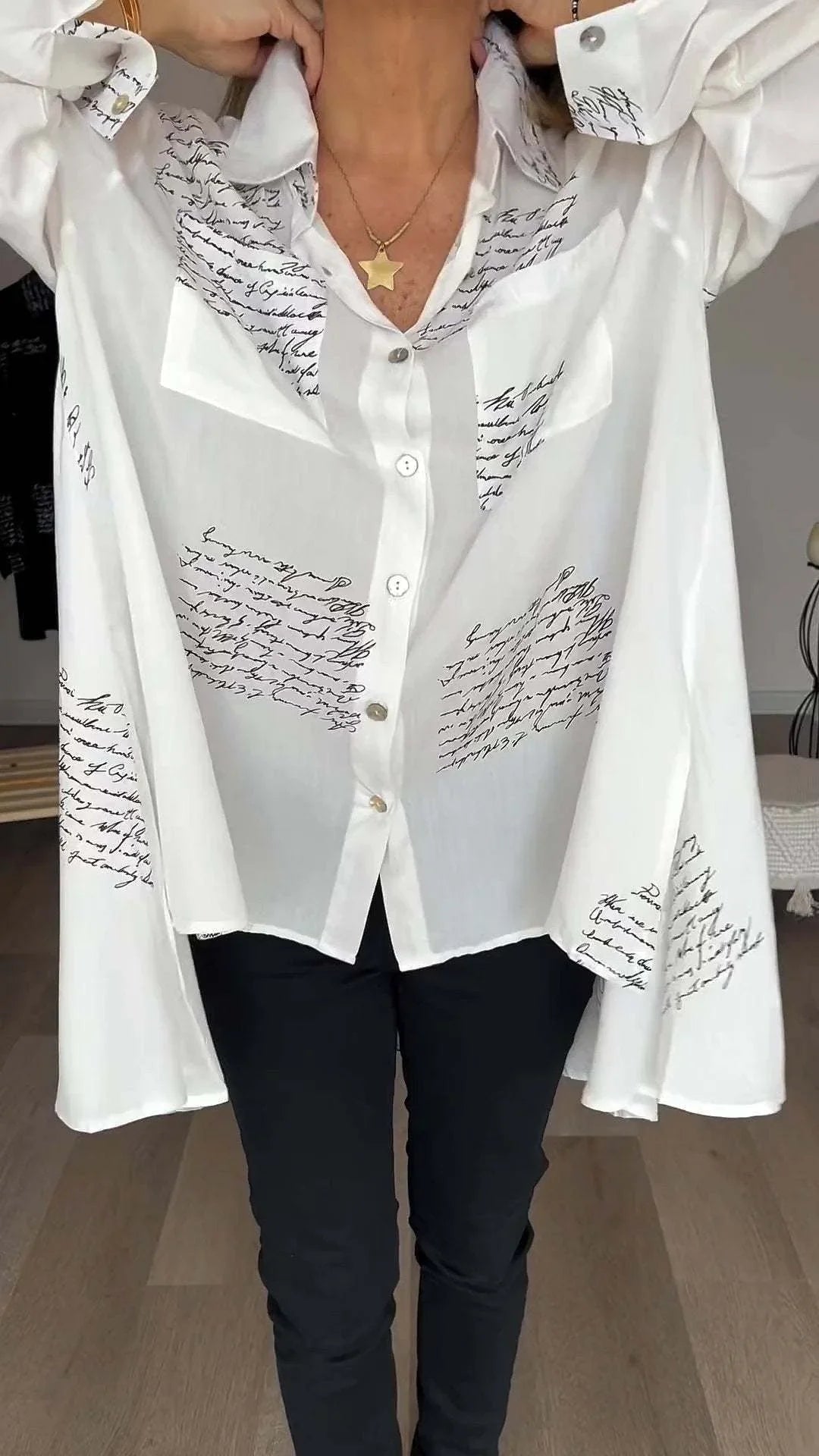 Script Print Shirt - Button Front Long Sleeve Women's Shirt